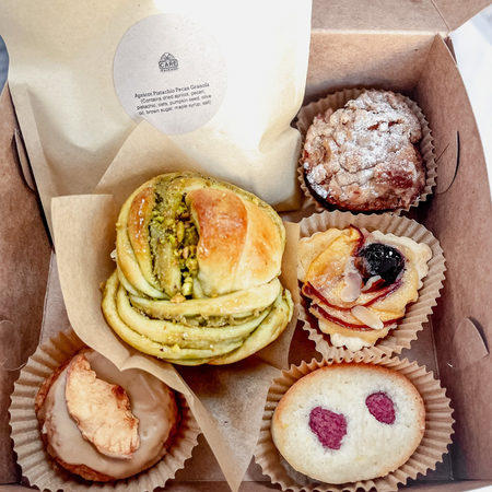 AM Treat Box with granola bag and five assorted pastries in a cardboard box for breakfast or brunch